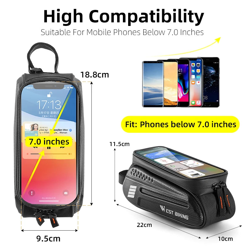 WEST BIKING Waterproof Bike Frame Bag with Phone Holder, Fits Phones up to 7 Inches