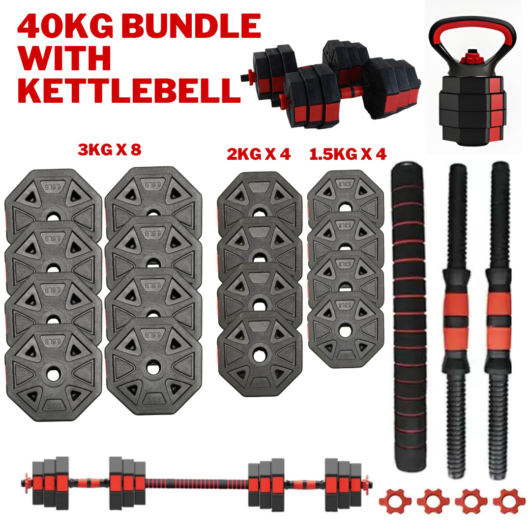 Exersci Adjustable Dumbbell Barbell Weights Set 20-40Kg with Kettlebell Option
