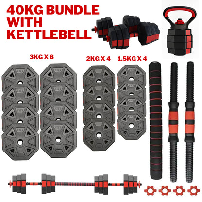 Exersci Adjustable Dumbbell Barbell Weights Set 20-40Kg with Kettlebell Option