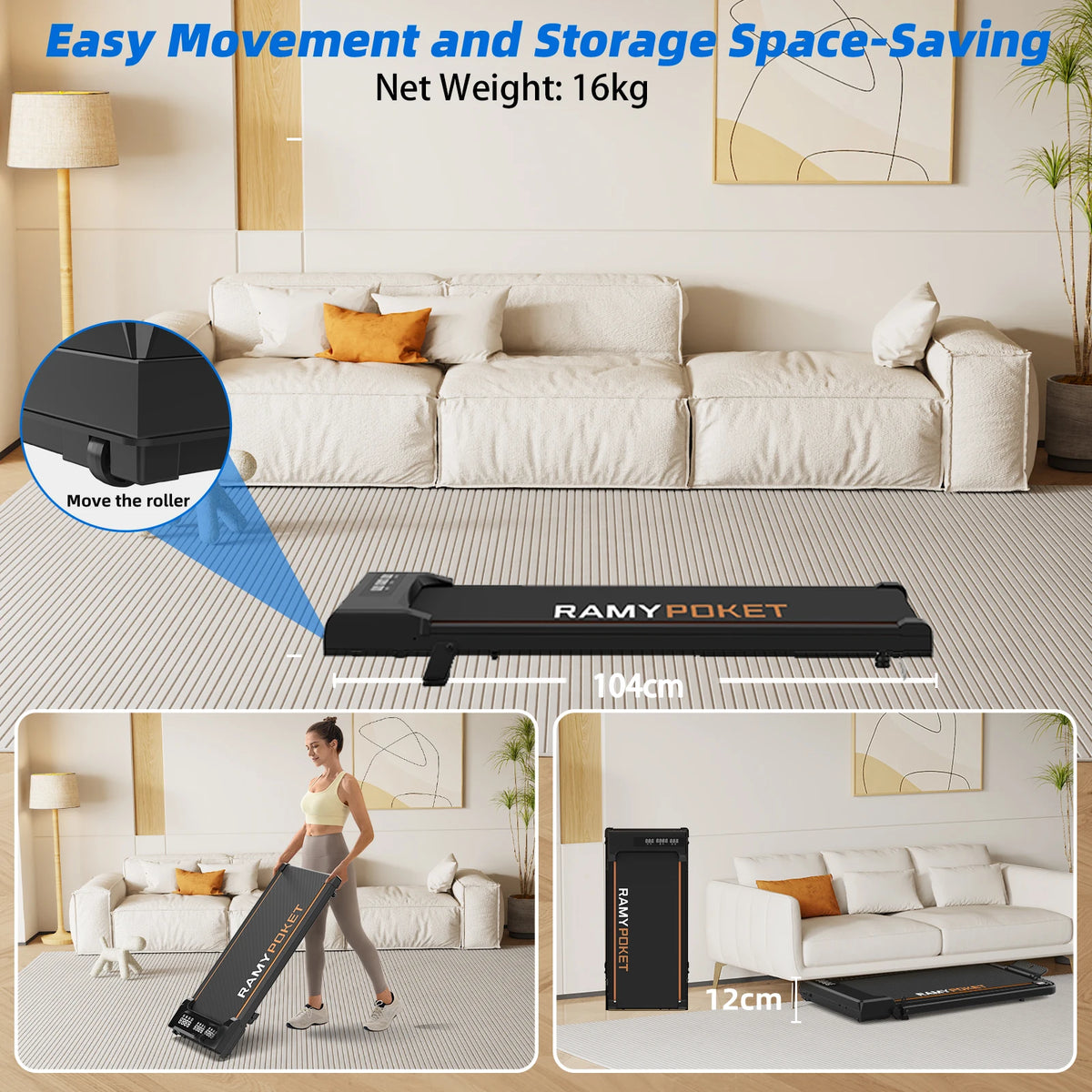 RAMYPOKET Under-Desk Walking Pad with 9% Incline & App Control | 1–8 km/h