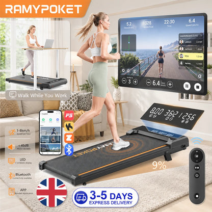 RAMYPOKET Under-Desk Walking Pad with 9% Incline & App Control | 1–8 km/h