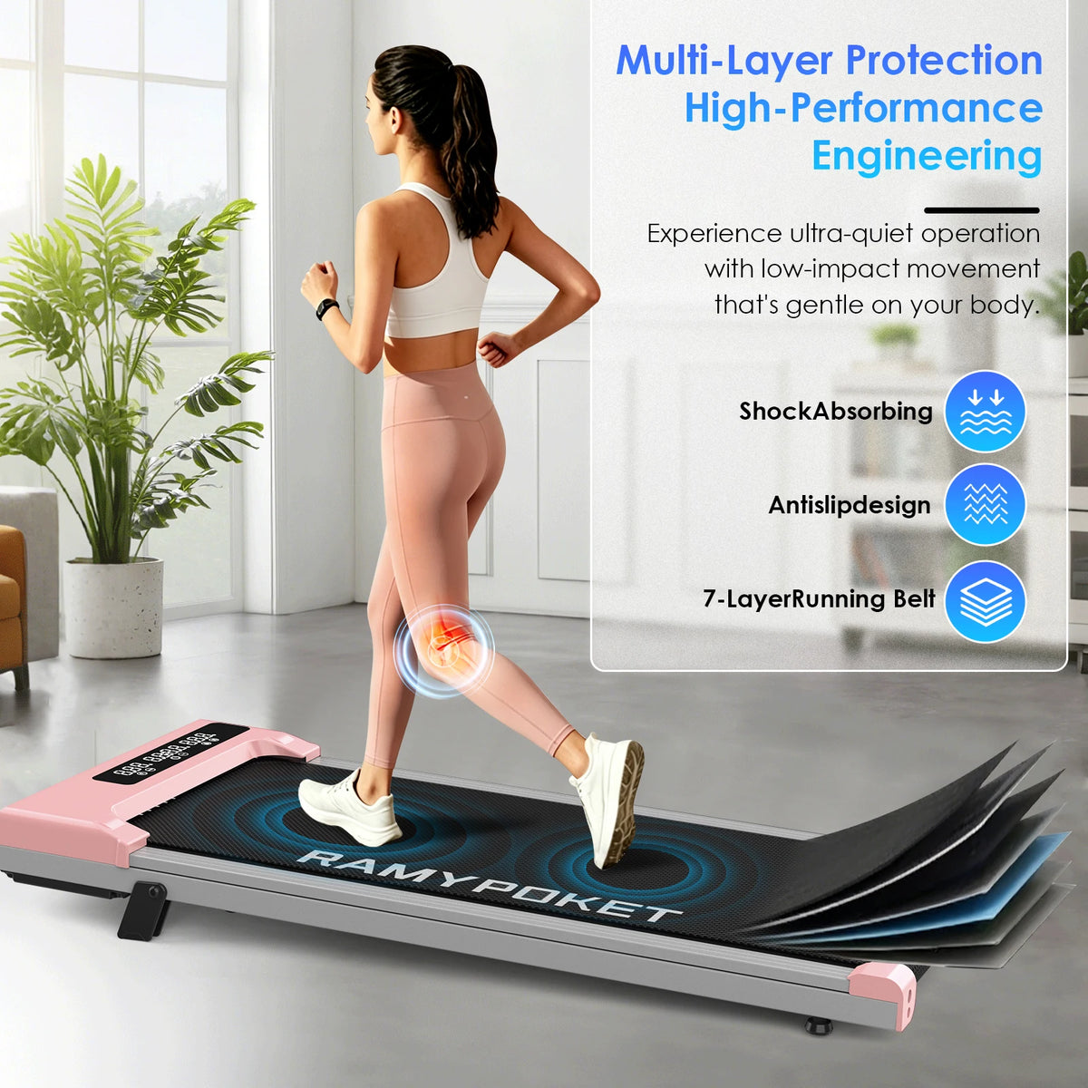 RAMYPOKET Under-Desk Walking Pad with 9% Incline & App Control | 1–8 km/h