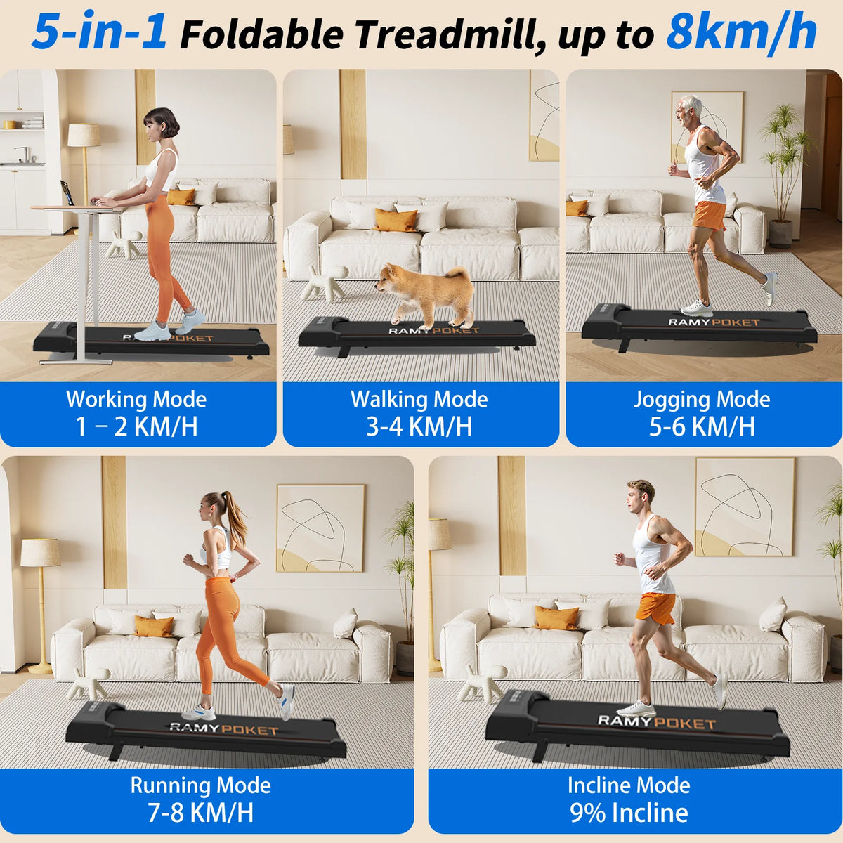 RAMYPOKET Under-Desk Walking Pad with 9% Incline & App Control | 1–8 km/h