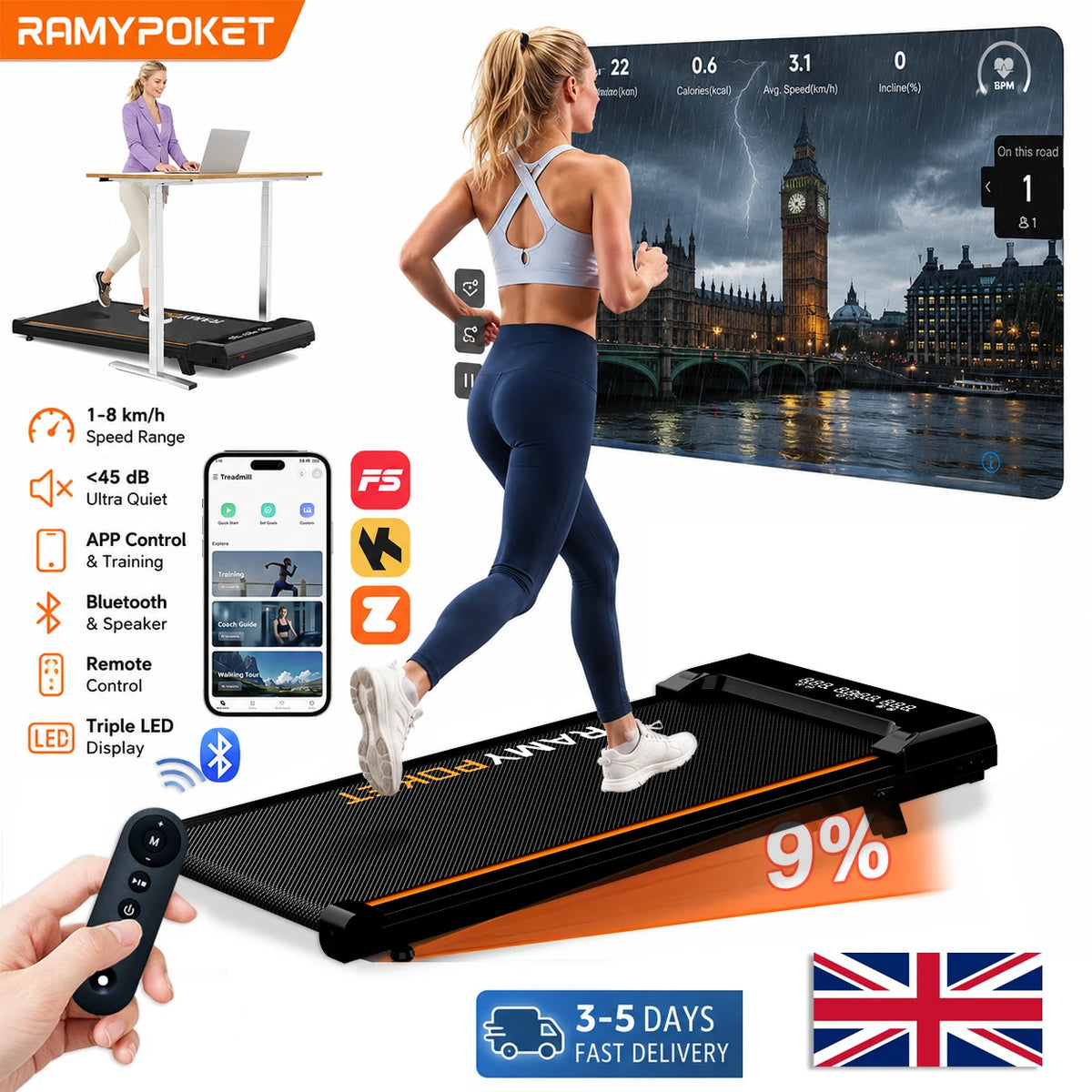 RAMYPOKET Under-Desk Walking Pad with 9% Incline & App Control | 1–8 km/h