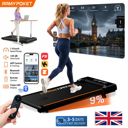 RAMYPOKET Under-Desk Walking Pad with 9% Incline & App Control | 1–8 km/h