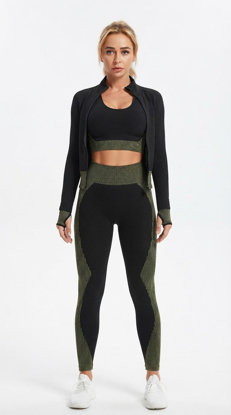 Women's 3-Piece Gym & Yoga Set – High-Waisted Leggings, Sports Bra & Zip Top