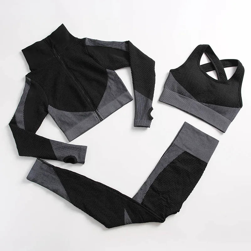 Women's 3-Piece Gym & Yoga Set – High-Waisted Leggings, Sports Bra & Zip Top