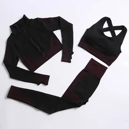 Women's 3-Piece Gym & Yoga Set – High-Waisted Leggings, Sports Bra & Zip Top