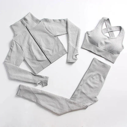 Women's 3-Piece Gym & Yoga Set – High-Waisted Leggings, Sports Bra & Zip Top
