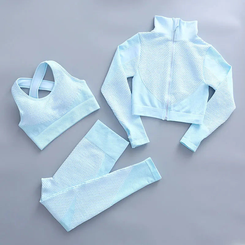 Women's 3-Piece Gym & Yoga Set – High-Waisted Leggings, Sports Bra & Zip Top