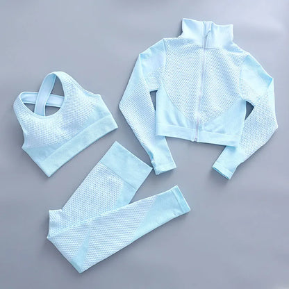 Women's 3-Piece Gym & Yoga Set – High-Waisted Leggings, Sports Bra & Zip Top