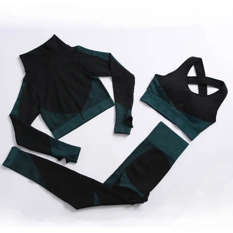 Women's 3-Piece Gym & Yoga Set – High-Waisted Leggings, Sports Bra & Zip Top