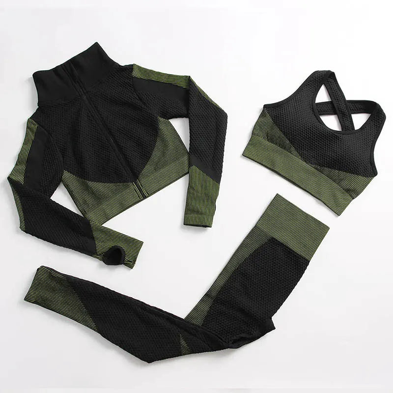 Women's 3-Piece Gym & Yoga Set – High-Waisted Leggings, Sports Bra & Zip Top