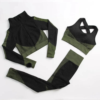 Women's 3-Piece Gym & Yoga Set – High-Waisted Leggings, Sports Bra & Zip Top