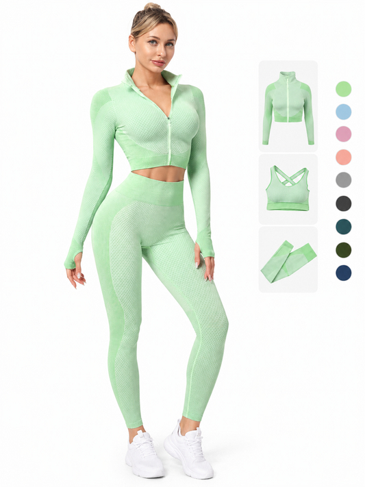 Women's 3-Piece Gym & Yoga Set – High-Waisted Leggings, Sports Bra & Zip Top