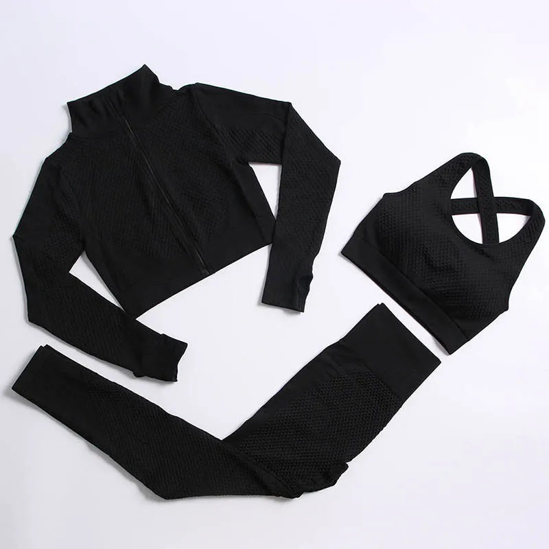 Women's 3-Piece Gym & Yoga Set – High-Waisted Leggings, Sports Bra & Zip Top