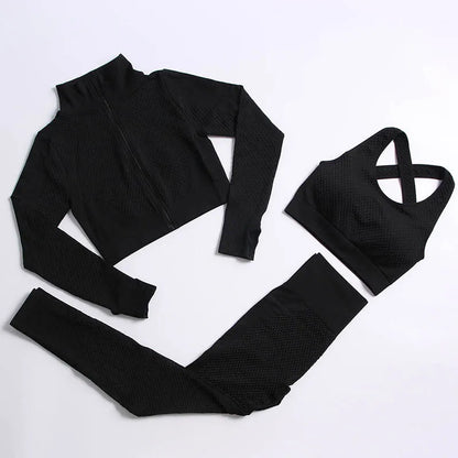 Women's 3-Piece Gym & Yoga Set – High-Waisted Leggings, Sports Bra & Zip Top