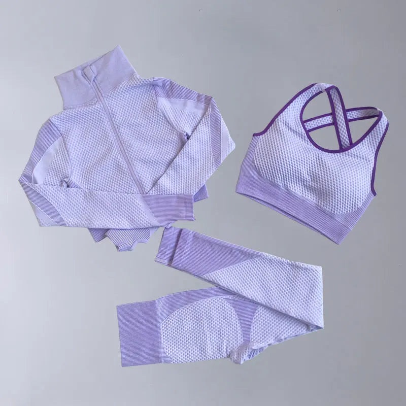 Women's 3-Piece Gym & Yoga Set – High-Waisted Leggings, Sports Bra & Zip Top