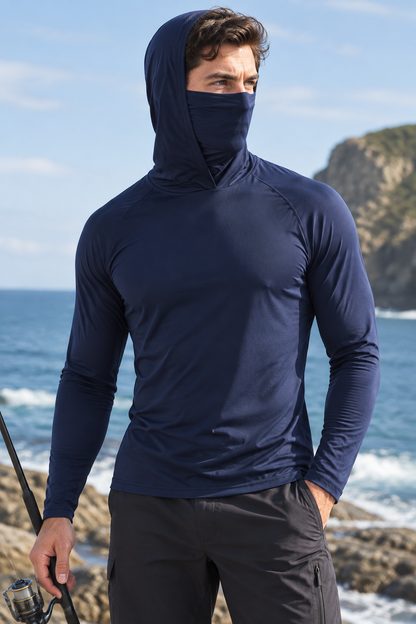 Men's UPF 50+ Sun Protection Hoodie with Built-In Face Mask – Long Sleeve Fishing & Outdoor Top