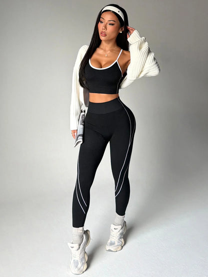 Women's 2-Piece Seamless Gym & Yoga Set | High-Waisted Leggings & Sports Bra Activewear (Black)