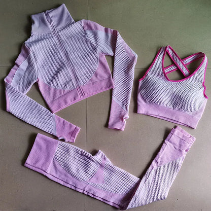 Women's 3-Piece Gym & Yoga Set – High-Waisted Leggings, Sports Bra & Zip Top