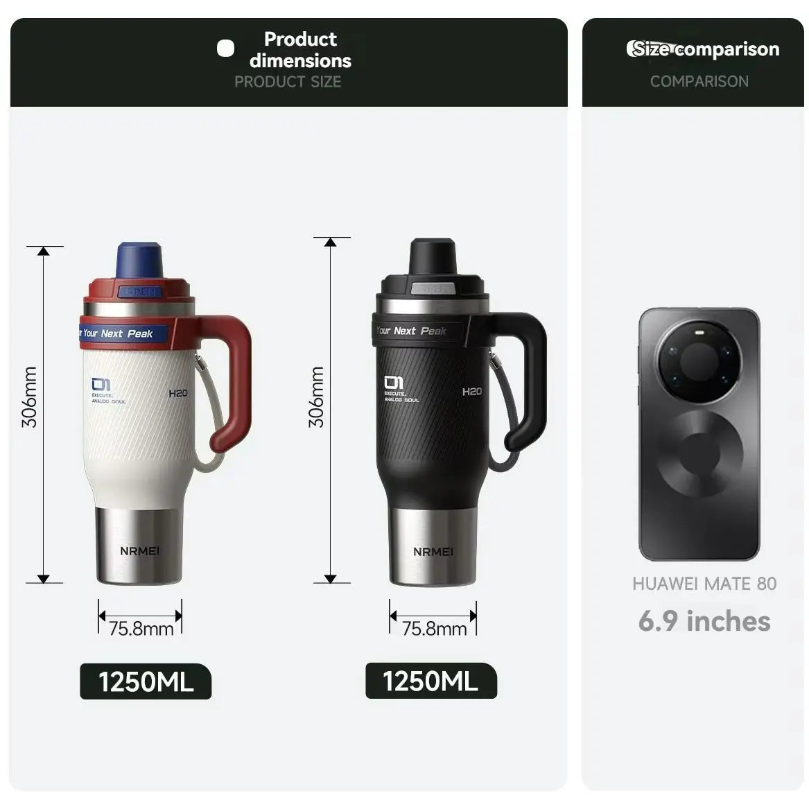 1.25L Insulated Stainless Steel Tumbler with Straw & Handle
