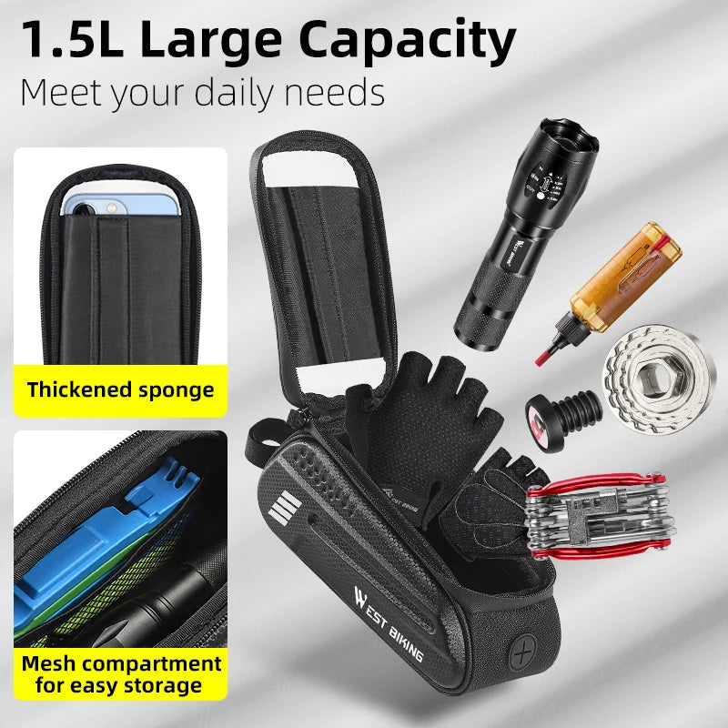 WEST BIKING Waterproof Bike Frame Bag with Phone Holder, Fits Phones up to 7 Inches