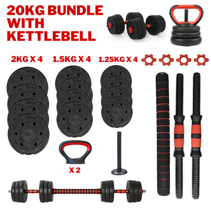 Exersci Adjustable Dumbbell Barbell Weights Set 20-40Kg with Kettlebell Option
